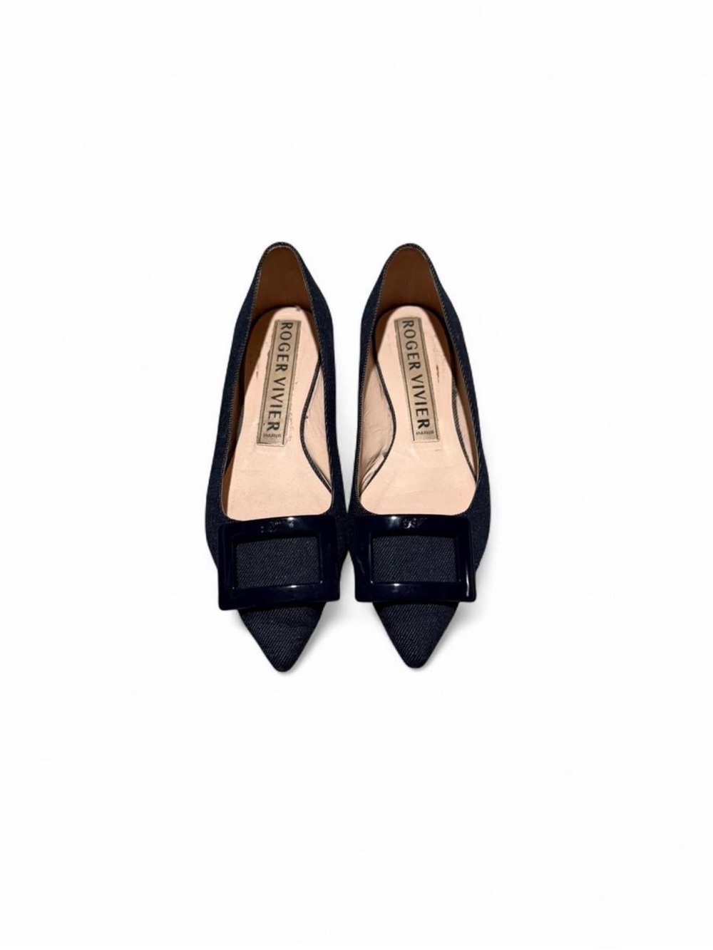 Roger Vivier dark denim Pointed Toe Flats with Signature Square Buckle